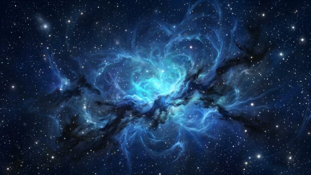 An Abstract Space Wallpaper Blue featuring a dark, intricate nebula with glowing blue tendrils amidst a field of stars