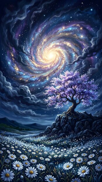 An enchanting abstract space wallpaper blue featuring a spiral galaxy above a lavender tree and a field of white daisies