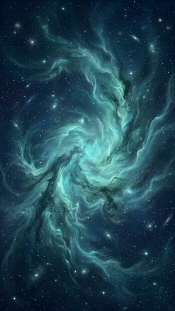 Abstract Space Wallpaper Blue featuring a swirling blue-green nebula with intricate cosmic dust and sparkling stars