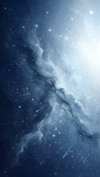Abstract Space Wallpaper Blue with a bright, hazy light blue nebula on the right and several shooting stars across a dark starry sky