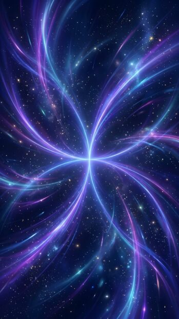 Abstract Space Wallpaper Blue showing symmetrical glowing light trails and scattered stars in a cosmic blue-purple vortex
