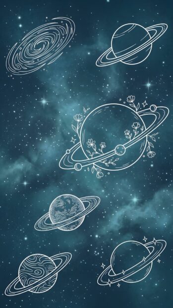 An Abstract Space Wallpaper Blue featuring white line art illustrations of planets, a galaxy, and stars on a deep blue nebula background