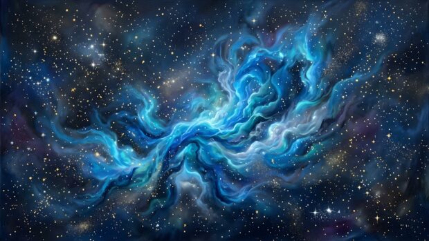 An artistic Abstract Space Wallpaper Blue featuring a painterly nebula with rich blue and teal clouds, sparkling golden stardust, and bright stars