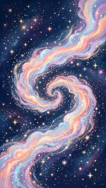 Abstract Space Wallpaper Blue showcasing a whimsical pastel cosmic ribbon nebula with glittering stars against a dark blue background