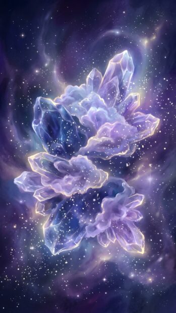 An Abstract Space Wallpaper Blue in shades of purple and blue, depicting glowing crystal formations floating amidst a starry nebula