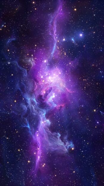 An abstract space wallpaper featuring a vibrant purple and pink nebula with blue accents and scattered stars, creating a cosmic scene