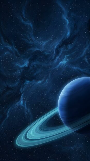A minimalist abstract space wallpaper blue featuring a blue ringed planet against a dark nebula and starry background