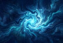A dynamic Abstract Space Wallpaper Blue depicting a swirling blue and cyan galaxy-like formation with a bright, energetic core surrounded by stars