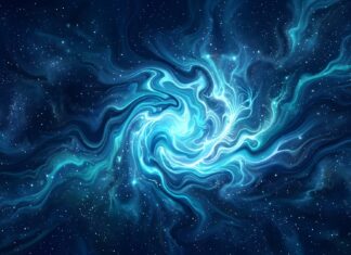 A dynamic Abstract Space Wallpaper Blue depicting a swirling blue and cyan galaxy-like formation with a bright, energetic core surrounded by stars