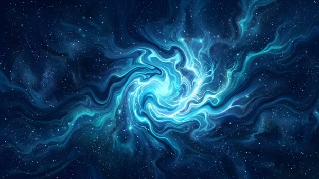 A dynamic Abstract Space Wallpaper Blue depicting a swirling blue and cyan galaxy-like formation with a bright, energetic core surrounded by stars