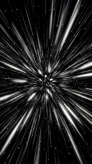 An abstract starfield wallpaper depicting black and white hyperspace with bright light streaks converging to a central point