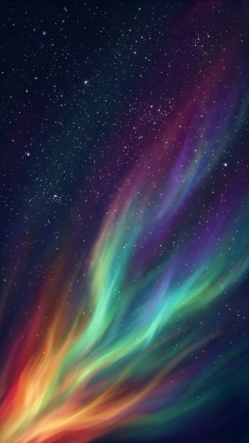 An abstract starfield wallpaper featuring vibrant, colorful aurora lights streaking across a dark celestial background