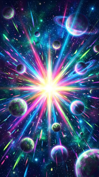 An abstract starfield wallpaper depicting a colorful cosmic explosion with multiple planets and vibrant light streaks