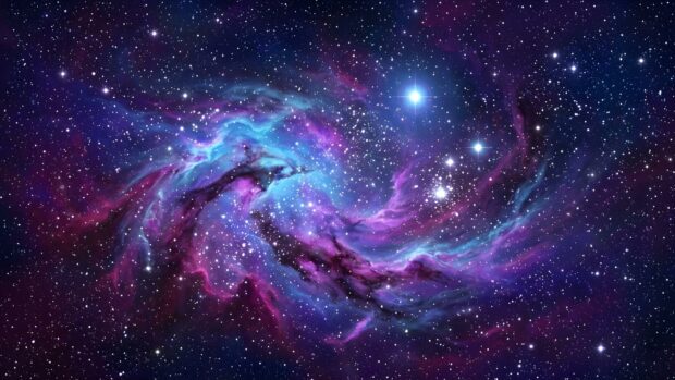 A vibrant abstract starfield wallpaper depicting a colorful nebula with swirling blue and purple gas clouds amidst countless stars