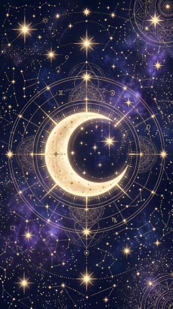 Abstract Starfield Wallpaper featuring a golden crescent moon surrounded by celestial patterns and constellations on a dark starry sky