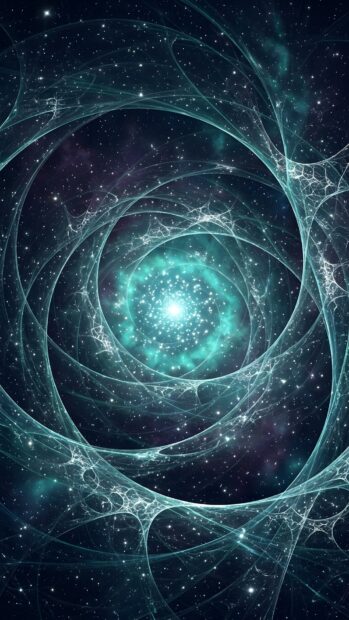 An abstract starfield wallpaper featuring an intricate fractal blue-green spiral with a bright glowing center amidst scattered stars