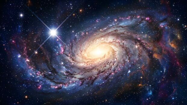 Abstract Starfield Wallpaper featuring a colorful spiral galaxy with a prominent bright star showing a lens flare effect