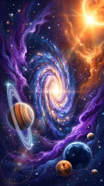 A stunning abstract starfield wallpaper featuring a vibrant galaxy, multiple planets, and swirling purple and orange nebulas
