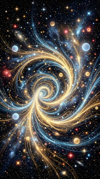 Abstract Starfield Wallpaper with dynamic golden and blue light swirls, sparkling stars, and glowing cosmic orbs