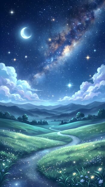 An abstract starfield wallpaper featuring a fantasy landscape with a milky way, crescent moon, and winding path
