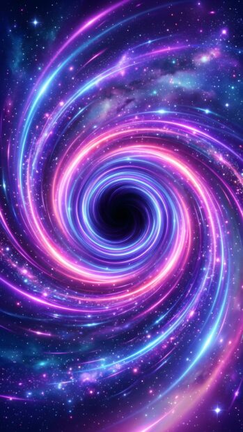 An abstract starfield wallpaper showcasing a vibrant neon glowing spiral vortex with blue, pink, and purple light trails