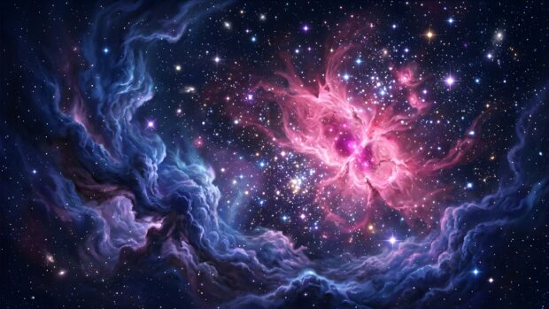 An abstract starfield wallpaper featuring a vibrant pink and blue nebula amidst a dark, star-filled galaxy
