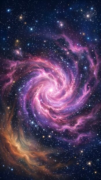 An abstract starfield wallpaper showcasing a vibrant pink and purple spiral galaxy with countless stars