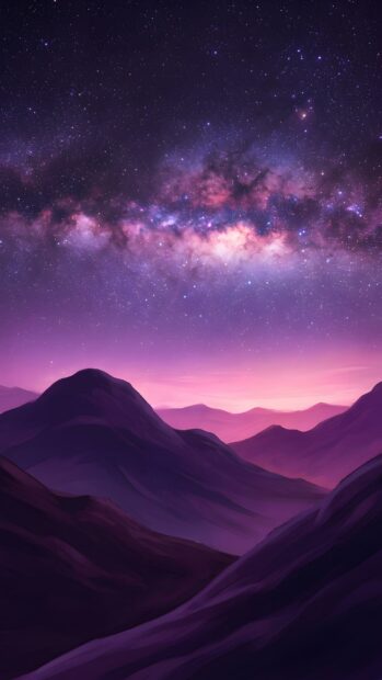 An abstract starfield wallpaper showcasing purple mountains under a beautiful purple and pink starry milky way sky