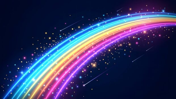 A vibrant abstract starfield wallpaper featuring colorful rainbow light trails and sparkling dust against a dark space background