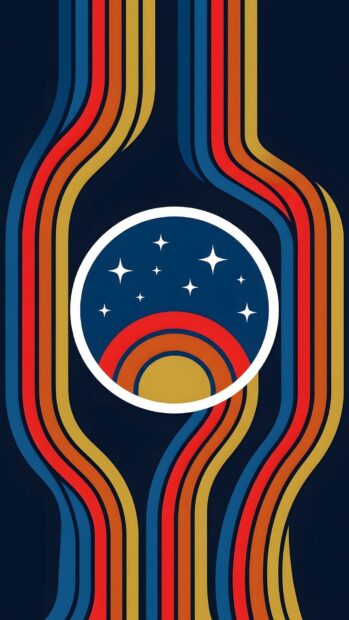 A retro abstract starfield wallpaper featuring colorful wavy stripes and a minimalist circle design with stars and a stylized planet