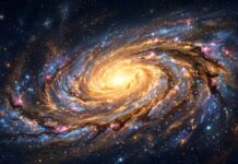 Abstract Starfield Wallpaper depicting a stunning vibrant spiral galaxy with a glowing yellow core and colorful nebulae