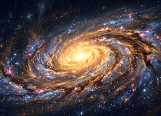 Abstract Starfield Wallpaper depicting a stunning vibrant spiral galaxy with a glowing yellow core and colorful nebulae
