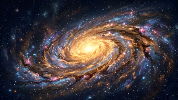Abstract Starfield Wallpaper depicting a stunning vibrant spiral galaxy with a glowing yellow core and colorful nebulae