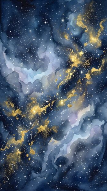 A beautiful abstract starfield wallpaper in watercolor style, featuring deep blue and purple nebula clouds with sparkling gold glitter