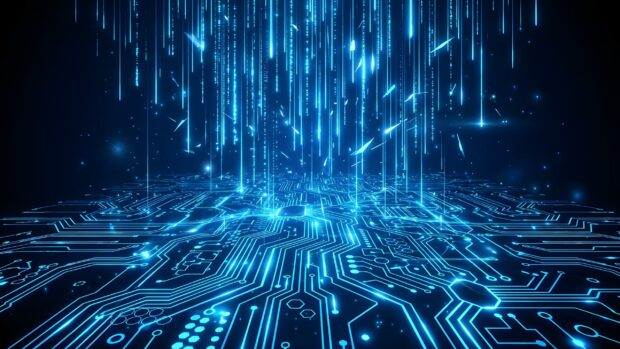 An Abstract Tech Wallpaper Blue featuring a glowing circuit board and falling data streams