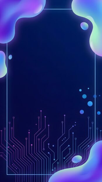 An Abstract Tech Wallpaper Blue featuring a vertical design with circuit board patterns at the bottom, gradient fluid shapes, and a light blue frame