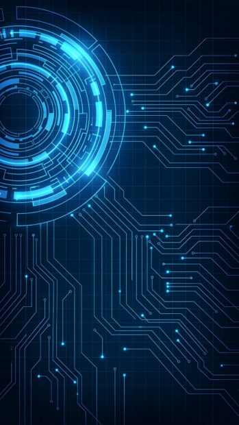 An Abstract Tech Wallpaper Blue featuring a glowing digital circuit board with a prominent central circular element