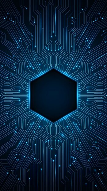An Abstract Tech Wallpaper Blue featuring a glowing blue circuit board pattern leading to a central dark hexagon