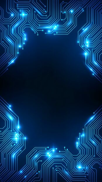 An Abstract Tech Wallpaper Blue showing glowing circuit board patterns framing a dark central space