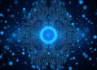 An Abstract Tech Wallpaper Blue depicting a central glowing blue circuit board brain or core surrounded by radiating lines and bokeh lights on a dark background