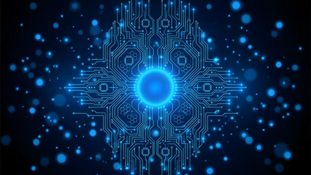 An Abstract Tech Wallpaper Blue depicting a central glowing blue circuit board brain or core surrounded by radiating lines and bokeh lights on a dark background