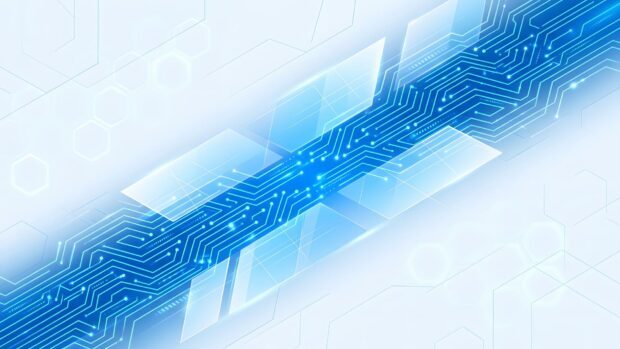An Abstract Tech Wallpaper Blue showing a futuristic glowing blue circuit board path diagonally across a clean white and light blue background