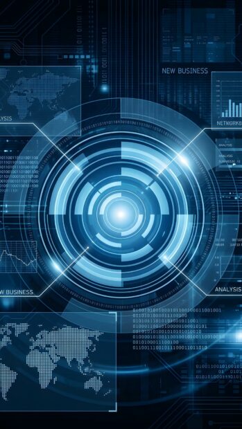 An intricate abstract tech wallpaper blue showcasing a futuristic HUD interface with data, maps, and a central scanner