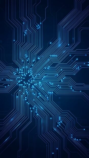 An abstract tech wallpaper blue depicting a glowing central circuit pattern with radiating lines on a dark blue background