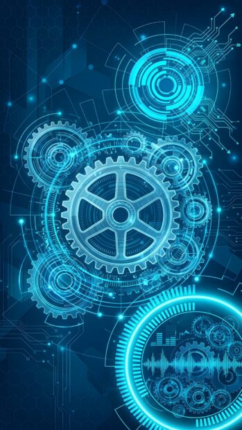 An Abstract Tech Wallpaper Blue displaying intricate glowing gears and digital circuit patterns within concentric blue circles