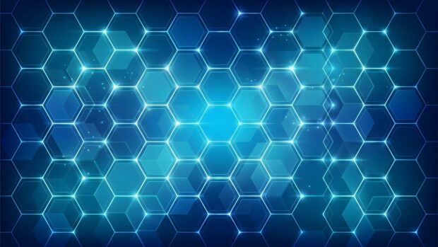 An Abstract Tech Wallpaper Blue featuring a glowing hexagonal grid pattern with a bright central light