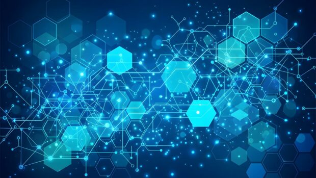 An Abstract Tech Wallpaper Blue displaying a complex network of glowing blue hexagons and connected lines on a dark background