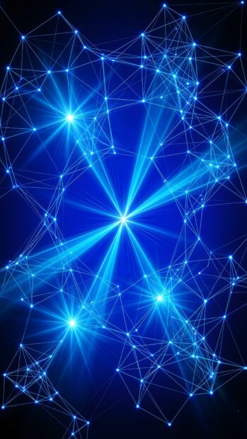 A dark Abstract Tech Wallpaper Blue displaying a glowing network of interconnected dots and lines with bright light bursts