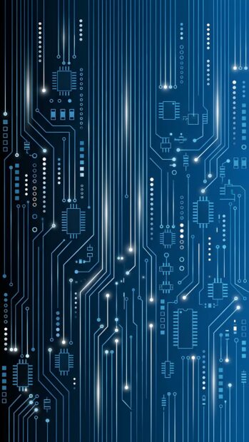 An Abstract Tech Wallpaper Blue displaying a complex circuit board pattern with numerous glowing lines and microchips