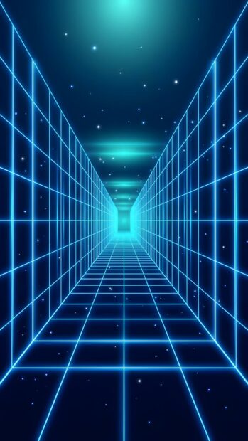 A vibrant abstract tech wallpaper blue showcasing a retro grid tunnel with glowing lines and distant stars